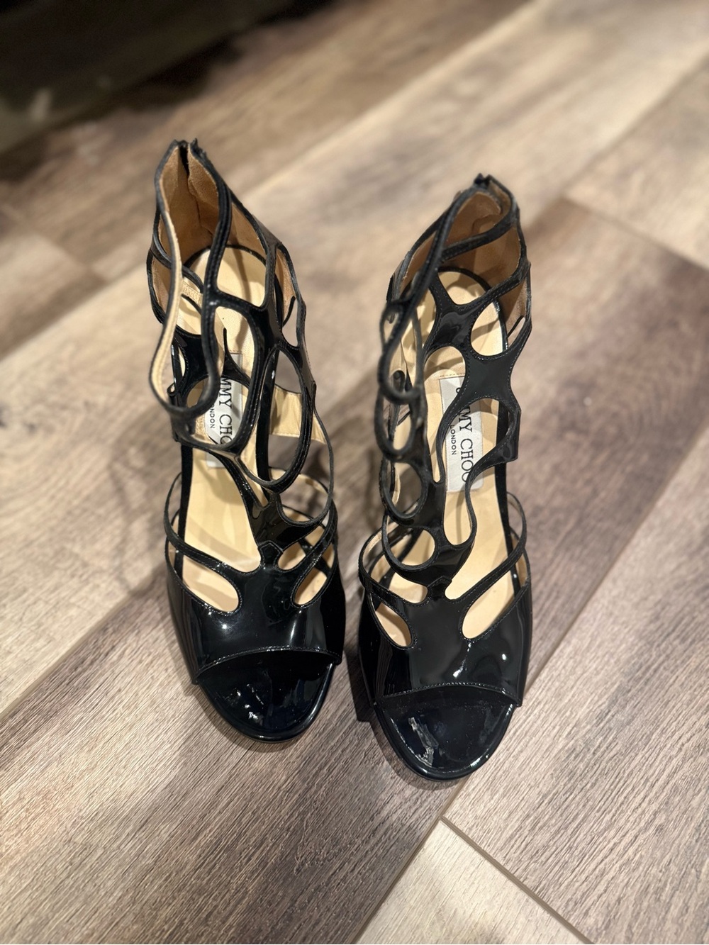 Jimmy Choo Black Patent Cutout Cage Heels